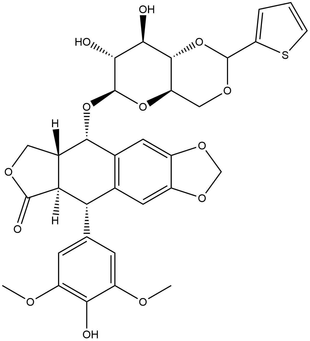 Furo[3',4':6,7]naphtho[2,3-d]-1,3-dioxol-6(5aH)-one, 5,8,8a,9-tetrahydro-5-(4-hydroxy-3,5-dimethoxyphenyl)-9-[[4,6-O-(2-thienylmethylene)-β-D-glucopyranosyl]oxy]-, [5R-[5α,5aβ,8aα,9β(S*)]]- (9CI) 구조식 이미지