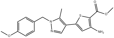 2-Thiophenecarboxylic acid, 3-amino-5-[1-[(4-methoxyphenyl)methyl]-5-methyl-1H-pyrazol-4-yl]-, methyl ester Structure