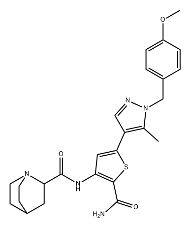 1-Azabicyclo[2.2.2]octane-2-carboxamide, N-[2-(aminocarbonyl)-5-[1-[(4-methoxyphenyl)methyl]-5-methyl-1H-pyrazol-4-yl]-3-thienyl]- Structure