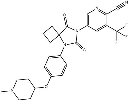 2-Pyridinecarbonitrile, 5-[5-[4-[(1-methyl-4-piperidinyl)oxy]phenyl]-8-oxo-6-thioxo-5,7-diazaspiro[3.4]oct-7-yl]-3-(trifluoromethyl)- 구조식 이미지
