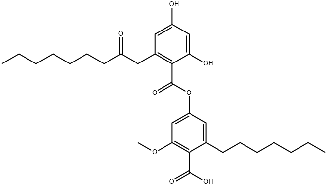 Benzoic acid, 2,4-dihydroxy-6-(2-oxononyl)-, 4-carboxy-3-heptyl-5-methoxyphenyl ester Structure