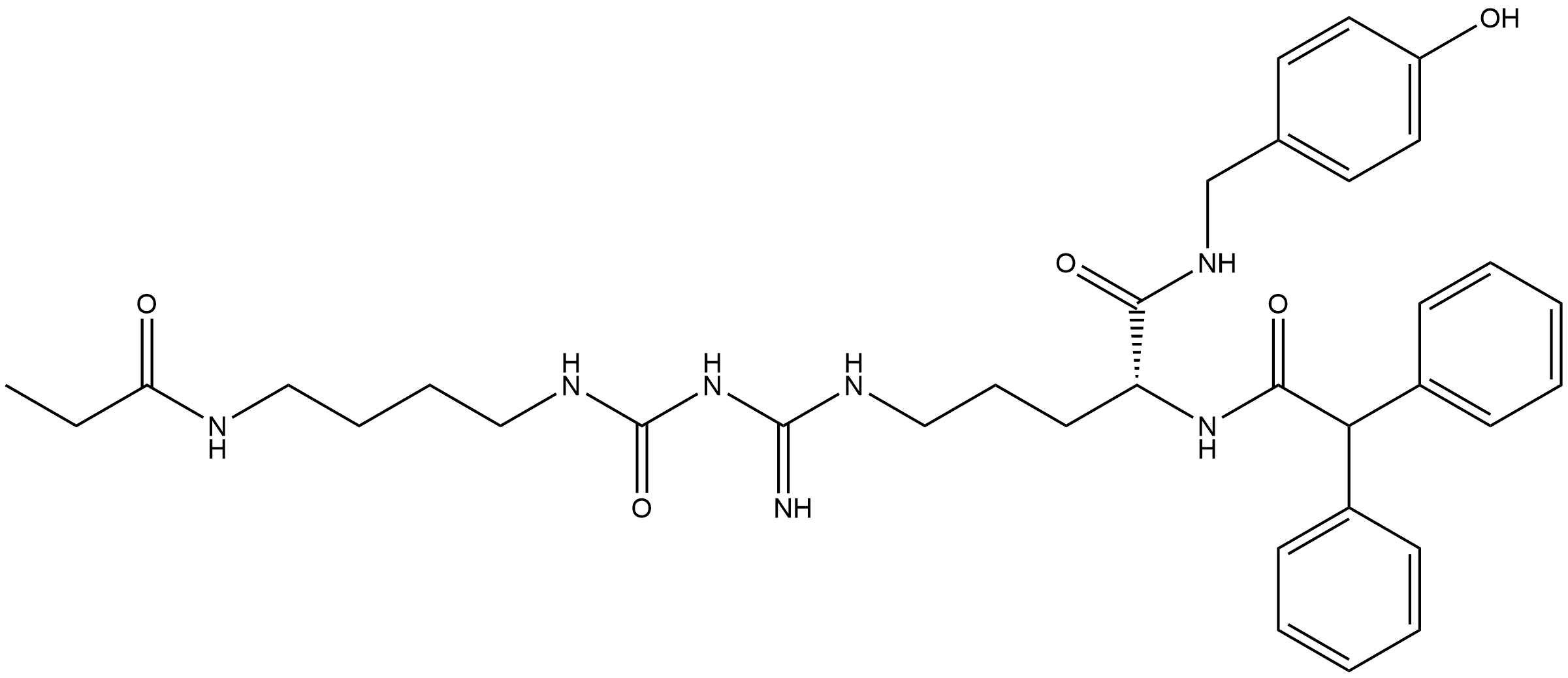 (2R)-2-[(2,2-Diphenylacetyl)amino]-N-[(4-hydroxyphenyl)methyl]-7-imino-9,16-dioxo-6,8,10,15-tetraazaoctadecanamide 구조식 이미지