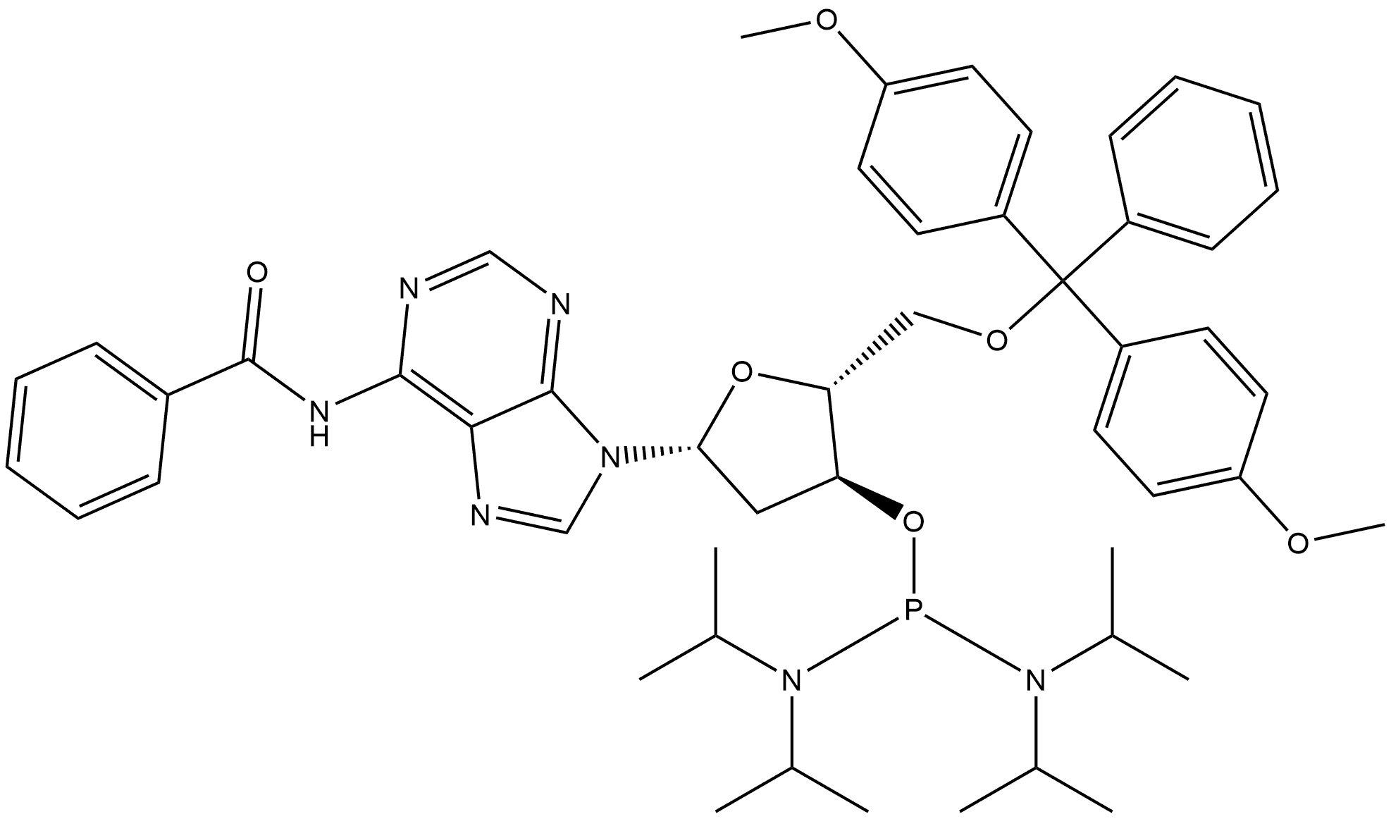 Adenosine, N-benzoyl-5'-O-[bis(4-methoxyphenyl)phenylmethyl]-2'-deoxy-, 3'-[N,N,N',N'-tetrakis(1-methylethyl)phosphorodiamidite] Structure