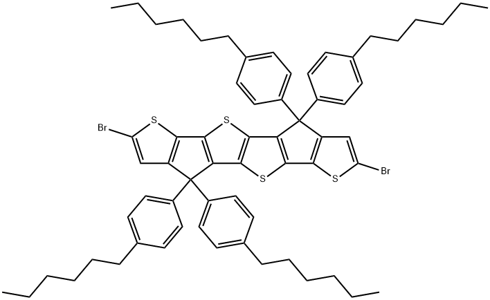 Thieno[3',2':4,5]cyclopenta[1,2-b]thieno[2'',3'':3',4']cyclopenta[1',2':4,5]thieno[2,3-d]thiophene, 2,7-dibromo-4,4,9,9-tetrakis(4-hexylphenyl)-4,9-dihydro- Structure