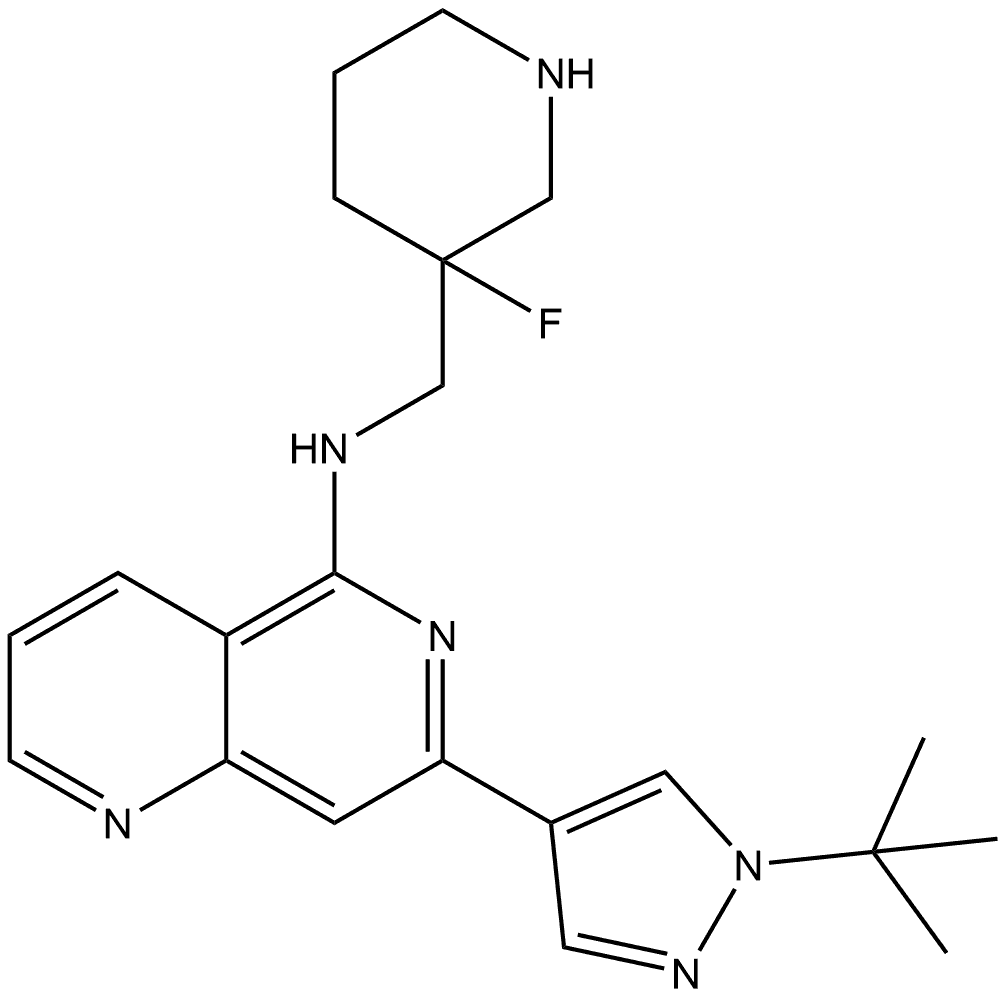 7-[1-(1,1-Dimethylethyl)-1H-pyrazol-4-yl]-N-[(3-fluoro-3-piperidinyl)methyl]-1,6-naphthyridin-5-amine 구조식 이미지