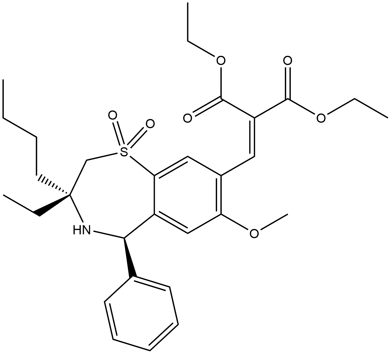 1,3-Diethyl 2-[[(3R,5R)-3-butyl-3-ethyl-2,3,4,5-tetrahydro-7-methoxy-1,1-dioxido-5-phenyl-1,4-benzothiazepin-8-yl]methylene]propanedioate Structure