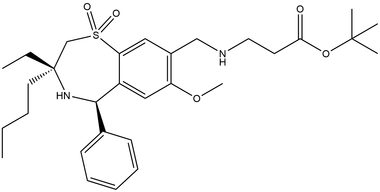 N-[[(3R,5R)-3-Butyl-3-ethyl-2,3,4,5-tetrahydro-7-methoxy-1,1-dioxido-5-phenyl-1,4-benzothiazepin-8-yl]methyl]-β-alanine 1,1-dimethylethyl ester Structure