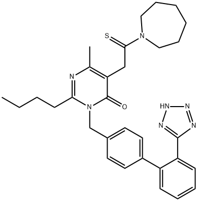 4(3H)-Pyrimidinone, 2-butyl-5-[2-(hexahydro-1H-azepin-1-yl)-2-thioxoethyl]-6-methyl-3-[[2'-(2H-tetrazol-5-yl)[1,1'-biphenyl]-4-yl]methyl]- Structure