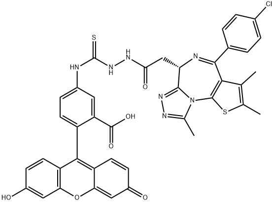 6H-Thieno[3,2-f][1,2,4]triazolo[4,3-a][1,4]diazepine-6-acetic acid, 4-(4-chlorophenyl)-2,3,9-trimethyl-, 2-[[[3-carboxy-4-(6-hydroxy-3-oxo-3H-xanthen-9-yl)phenyl]amino]thioxomethyl]hydrazide, (6S)- Structure