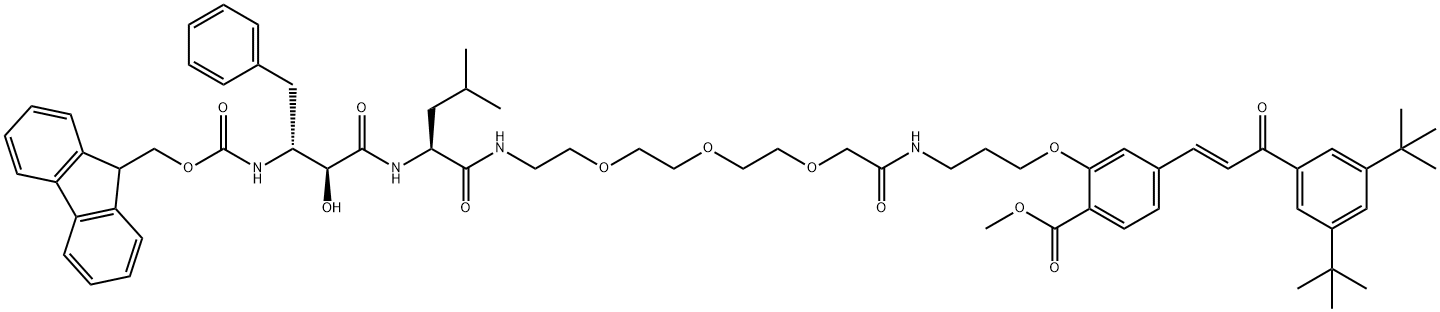 12,15,18-Trioxa-2,6,9,21-tetraazatetracosanoic acid, 24-[5-[(1E)-3-[3,5-bis(1,1-dimethylethyl)phenyl]-3-oxo-1-propen-1-yl]-2-(methoxycarbonyl)phenoxy]-4-hydroxy-7-(2-methylpropyl)-5,8,20-trioxo-3-(phenylmethyl)-, 9H-fluoren-9-ylmethyl ester, (3R,4S,7S)- Structure
