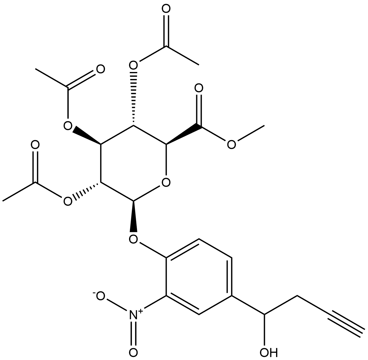 β-D-Glucopyranosiduronic acid, 4-(1-hydroxy-3-butyn-1-yl)-2-nitrophenyl, methyl ester, 2,3,4-triacetate Structure