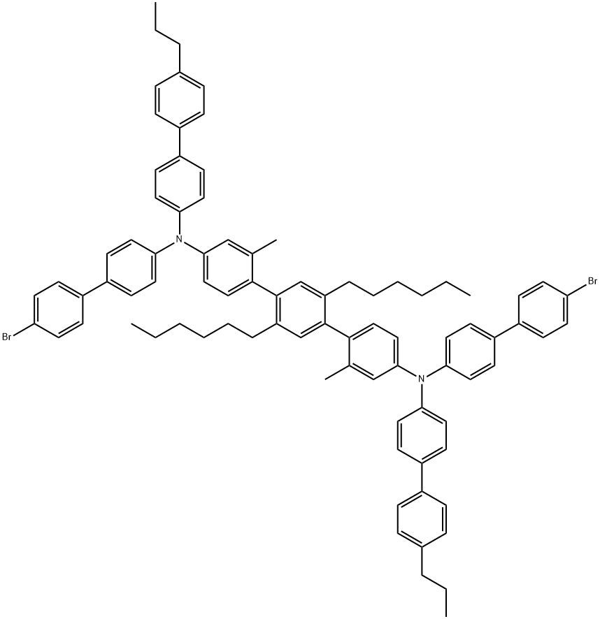 [1,1':4',1''-Terphenyl]-4,4''-diamine, N4,N4''-bis(4'-bromo[1,1'-biphenyl]-4-yl)-2',5'-dihexyl-2,2''-dimethyl-N4,N4''-bis(4'-propyl[1,1'-biphenyl]-4-yl)- Structure