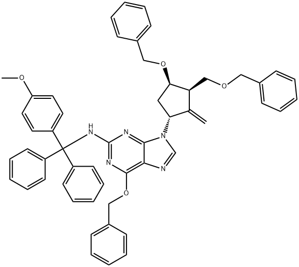 9H-Purin-2-amine, N-[(4-methoxyphenyl)diphenylmethyl]-9-[(1R,3R,4R)-2-methylene-4-(phenylmethoxy)-3-[(phenylmethoxy)methyl]cyclopentyl]-6-(phenylmethoxy)- Structure