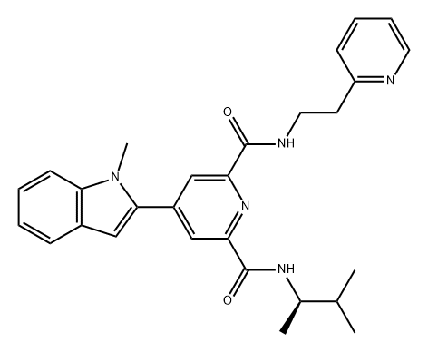 2,6-Pyridinedicarboxamide, N2-[(1R)-1,2-dimethylpropyl]-4-(1-methyl-1H-indol-2-yl)-N6-[2-(2-pyridinyl)ethyl]- 구조식 이미지