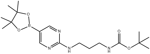 Carbamic acid, N-[3-[[5-(4,4,5,5-tetramethyl-1,3,2-dioxaborolan-2-yl)-2-pyrimidinyl]amino]propyl]-, 1,1-dimethylethyl ester Structure