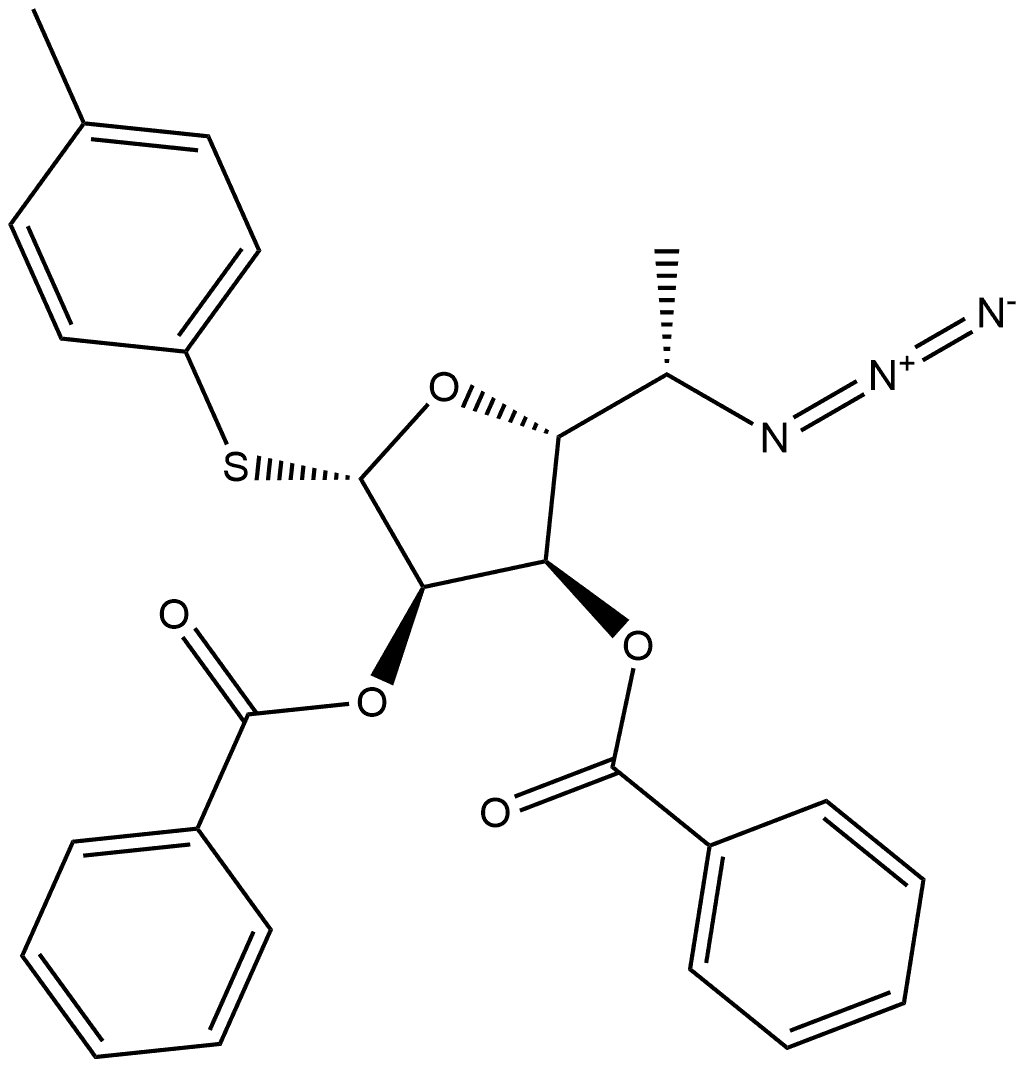 (2R,3R,4R,5S)-2-((S)-1-azidoethyl)-5-(p-tolylthio)tetrahydrofuran-3,4-diyl dibenzoate Structure