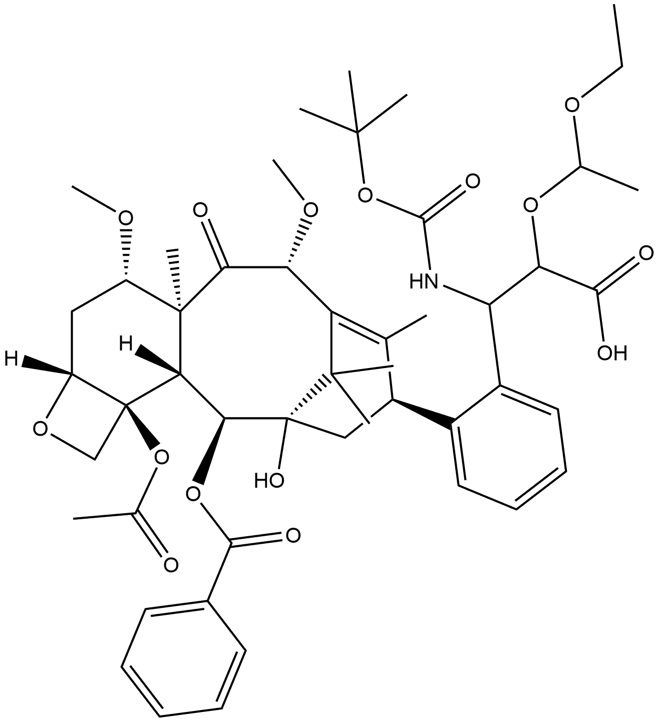 Benzenepropanoic acid, β-[[(1,1-dimethylethoxy)carbonyl]amino]-α-(1-ethoxyethoxy)-, (2aR,4S,4aS,6R,9S,11S,12S,12aR,12bS)-12b-(acetyloxy)-12-(benzoyloxy)-2a,3,4,4a,5,6,9,10,11,12,12a,12b-dodecahydro-11-hydroxy-4,6-dimethoxy-4a,8,13,13-tetramethyl-5-oxo-7,11-methano-1H-cyclodeca[3,4]benz[1,2-b]oxet-9-yl ester, (αR,βS)- 구조식 이미지