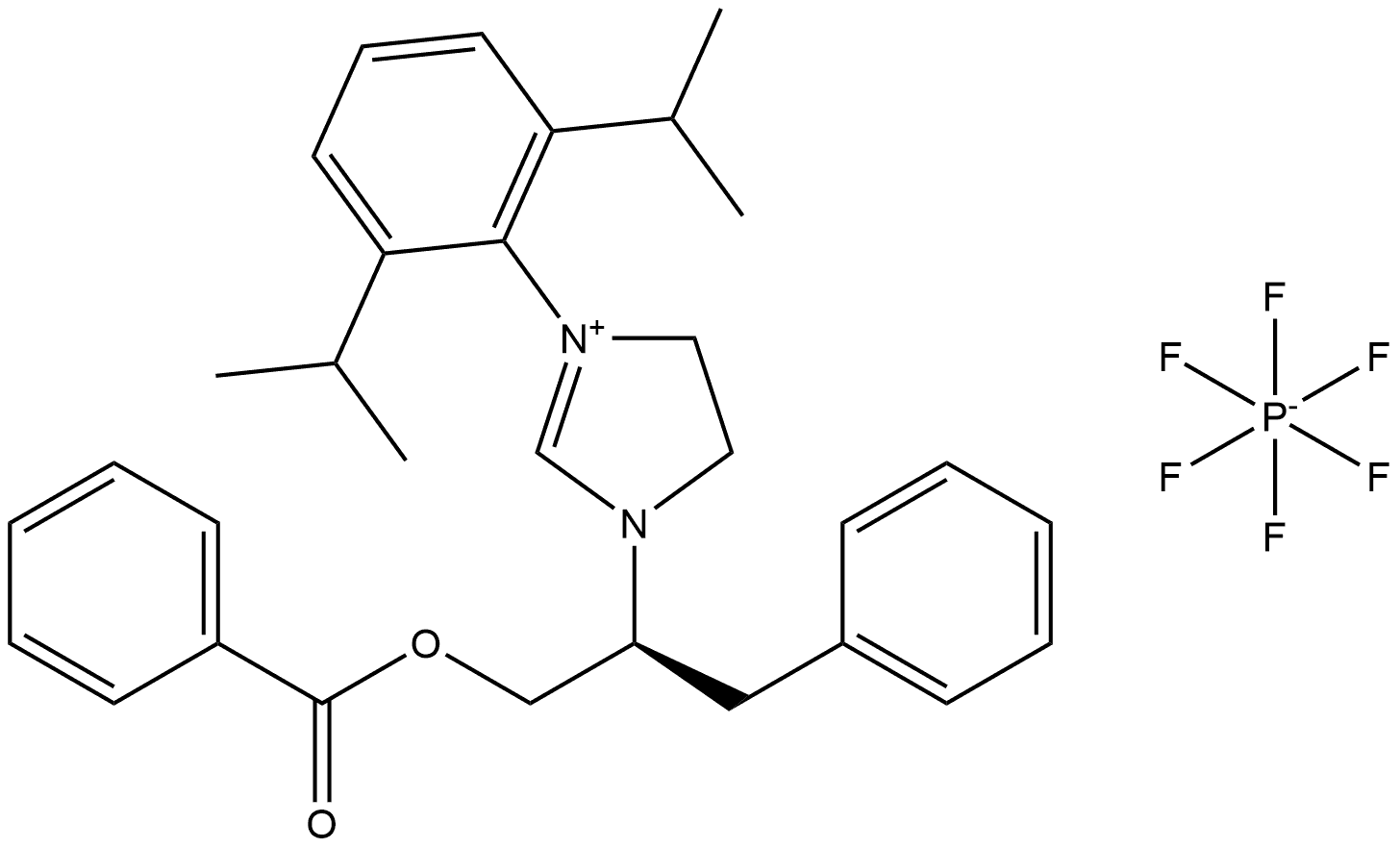 1-(1-(benzoyloxy)-3-phenylpropan-2-yl)-3-(2,6-diisopropylphenyl)-4,5-dihydro-1H-imidazol-3-ium Structure