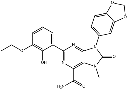 9-(1,3-dioxaindan-5-yl)-2-(3-ethoxy-2-hydroxyphen
yl)-7-methyl-8-oxo-8,9-dihydro-7H-purine-6-carbox
amide Structure