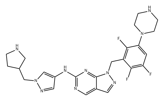 1H-Pyrazolo[3,4-d]pyrimidin-6-amine, N-[1-(3-pyrrolidinylmethyl)-1H-pyrazol-4-yl]-1-[[2,3,6-trifluoro-5-(1-piperazinyl)phenyl]methyl]- Structure