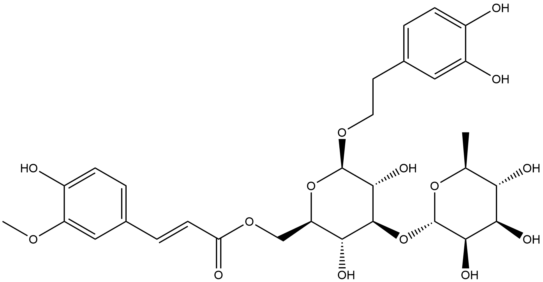 β-D-Glucopyranoside, 2-(3,4-dihydroxyphenyl)ethyl 3-O-(6-deoxy-α-L-mannopyranosyl)-, 6-[(2E)-3-(4-hydroxy-3-methoxyphenyl)-2-propenoate] Structure