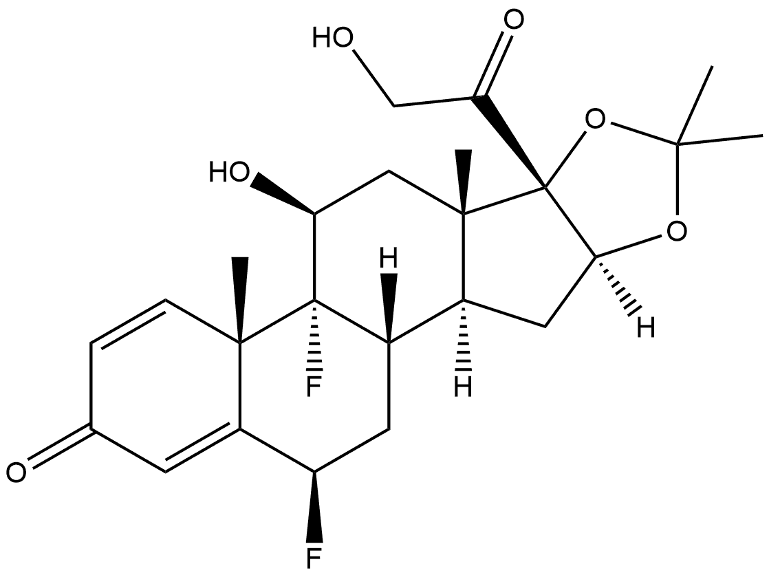 Pregna-1,4-diene-3,20-dione, 6,9-difluoro-11,21-dihydroxy-16,17-[(1-methylethylidene)bis(oxy)]-, (6β,11β,16α)- 구조식 이미지