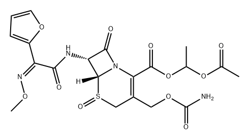 5-Thia-1-azabicyclo[4.2.0]oct-2-ene-2-carboxylic acid, 3-[[(aminocarbonyl)oxy]methyl]-7-[[(2Z)-2-(2-furanyl)-2-(methoxyimino)acetyl]amino]-8-oxo-, 1-(acetyloxy)ethyl ester, 5-oxide, (6R,7R)- 구조식 이미지