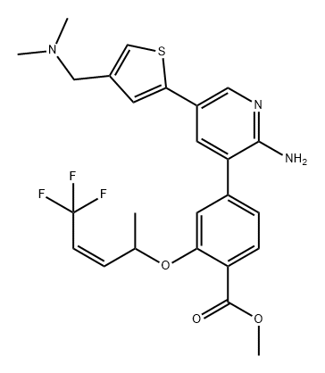 Benzoic acid, 4-[2-amino-5-[4-[(dimethylamino)methyl]-2-thienyl]-3-pyridinyl]-2-[[(2Z)-4,4,4-trifluoro-1-methyl-2-buten-1-yl]oxy]-, methyl ester Structure