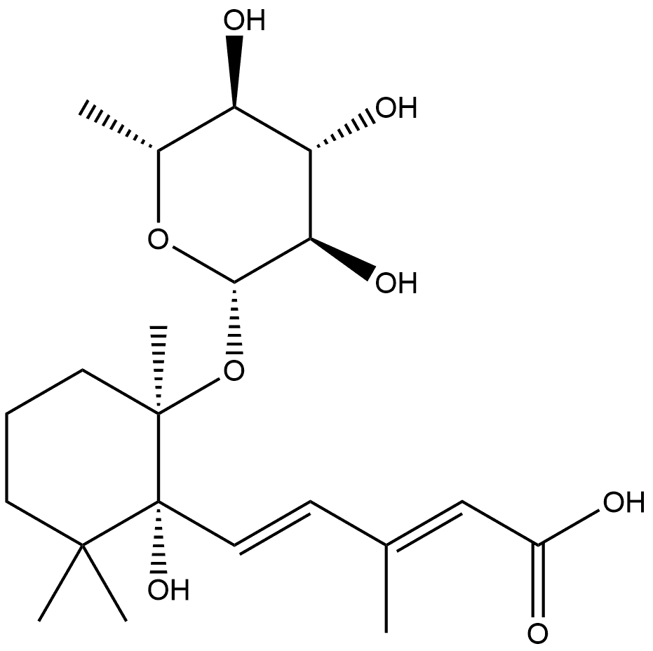 2,4-Pentadienoic acid, 5-[(1R,2R)-2-[(6-deoxy-β-D-glucopyranosyl)oxy]-1-hydroxy-2,6,6-trimethylcyclohexyl]-3-methyl-, (2E,4E)- Structure