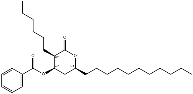 2H-Pyran-2-one, 4-(benzoyloxy)-3-hexyltetrahydro-6-undecyl-, (3R,4R,6S)-rel- Structure