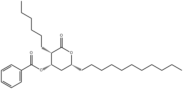 2H-Pyran-2-one, 4-(benzoyloxy)-3-hexyltetrahydro-6-undecyl-, (3S,4S,6R)- Structure