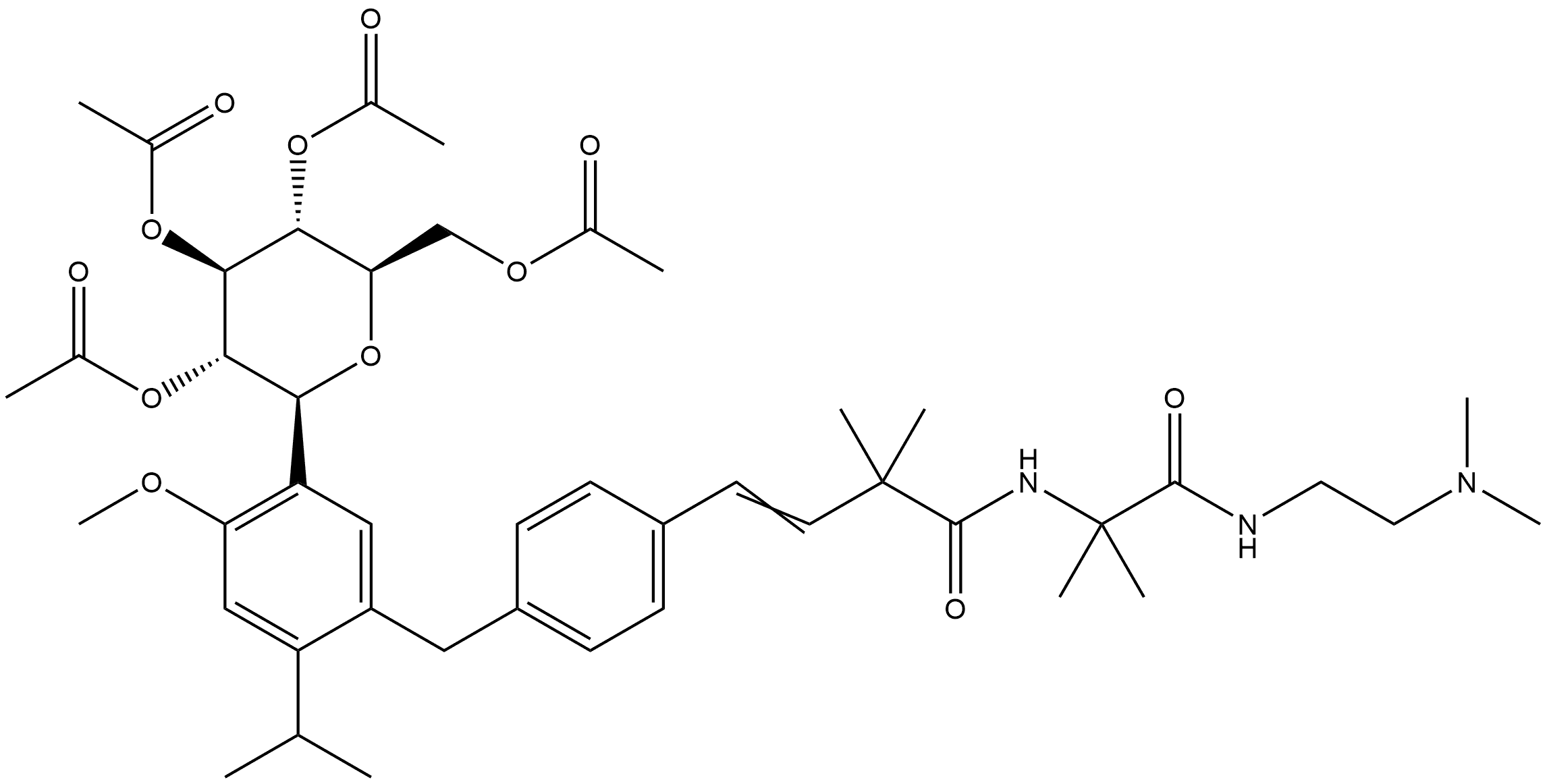 3-Butenamide, N-[2-[[2-(dimethylamino)ethyl]amino]-1,1-dimethyl-2-oxoethyl]-4-[4-[[4-methoxy-2-(1-methylethyl)-5-(2,3,4,6-tetra-O-acetyl-β-D-glucopyranosyl)phenyl]methyl]phenyl]-2,2-dimethyl- 구조식 이미지