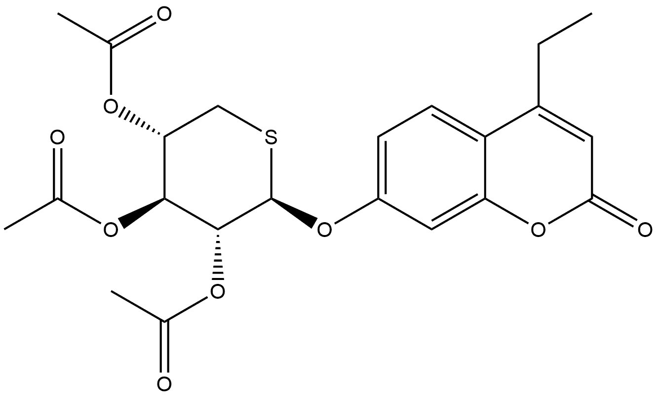 2H-1-Benzopyran-2-one, 4-ethyl-7-[(2,3,4-tri-O-acetyl-5-thio-β-D-xylopyranosyl)oxy]- Structure