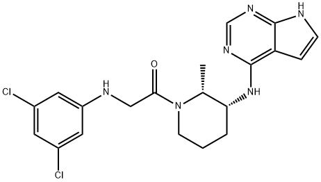 Ethanone, 2-[(3,5-dichlorophenyl)amino]-1-[(2R,3R)-2-methyl-3-(7H-pyrrolo[2,3-d]pyrimidin-4-ylamino)-1-piperidinyl]- Structure