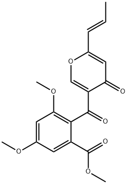 Benzoic acid, 3,5-dimethoxy-2-[[4-oxo-6-(1E)-1-propen-1-yl-4H-pyran-3-yl]carbonyl]-, methyl ester Structure