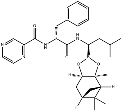 N-((R)-1-(((R)-3-methyl-1-((3aS,4S,6S,7aR)-3a,5,5-trimethylhexahydro-4,6-methanobenzo[d][1,3,2]dioxaborol-2-yl)butyl)amino)-1-oxo-3-phenylpropan-2-yl)pyrazine-2-carboxamide 구조식 이미지