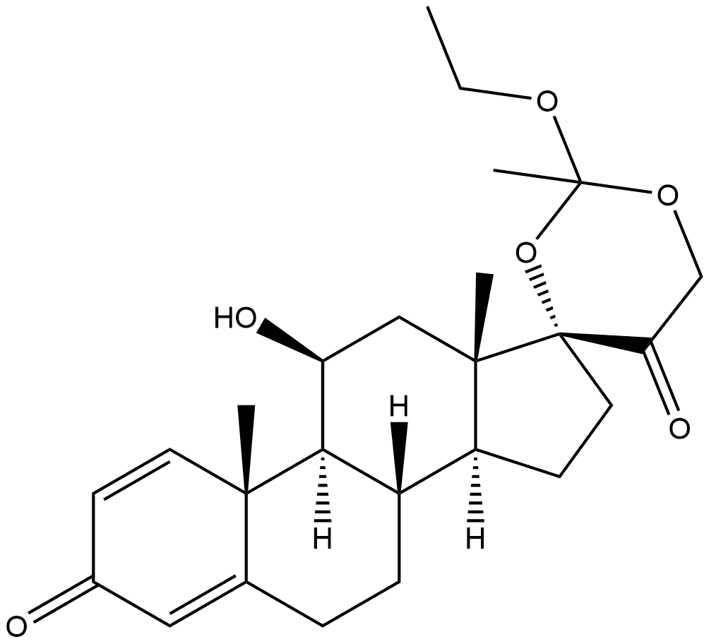 Pregna-1,4-diene-3,20-dione, 17,21-[(1-ethoxyethylidene)bis(oxy)]-11-hydroxy-, (11β)- 구조식 이미지
