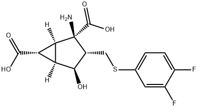 Bicyclo[3.1.0]hexane-2,6-dicarboxylic acid, 2-amino-3-[[(3,4-difluorophenyl)thio]methyl]-4-hydroxy-, (1S,2R,3S,4S,5R,6R)- Structure