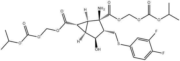 Bicyclo[3.1.0]hexane-2,6-dicarboxylic acid, 2-amino-3-[[(3,4-difluorophenyl)thio]methyl]-4-hydroxy-, 2,6-bis[[[(1-methylethoxy)carbonyl]oxy]methyl] ester, (1S,2R,3S,4S,5R,6R)- 구조식 이미지