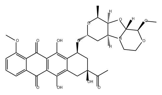 5,12-Naphthacenedione, 8-acetyl-7,8,9,10-tetrahydro-6,8,11-trihydroxy-1-methoxy-10-[[(1S,3R,4aS,9S,9aR,10aS)-octahydro-9-methoxy-1-methyl-1H-pyrano[4',3':4,5]oxazolo[2,3-c][1,4]oxazin-3-yl]oxy]-, (8S,10S)- Structure