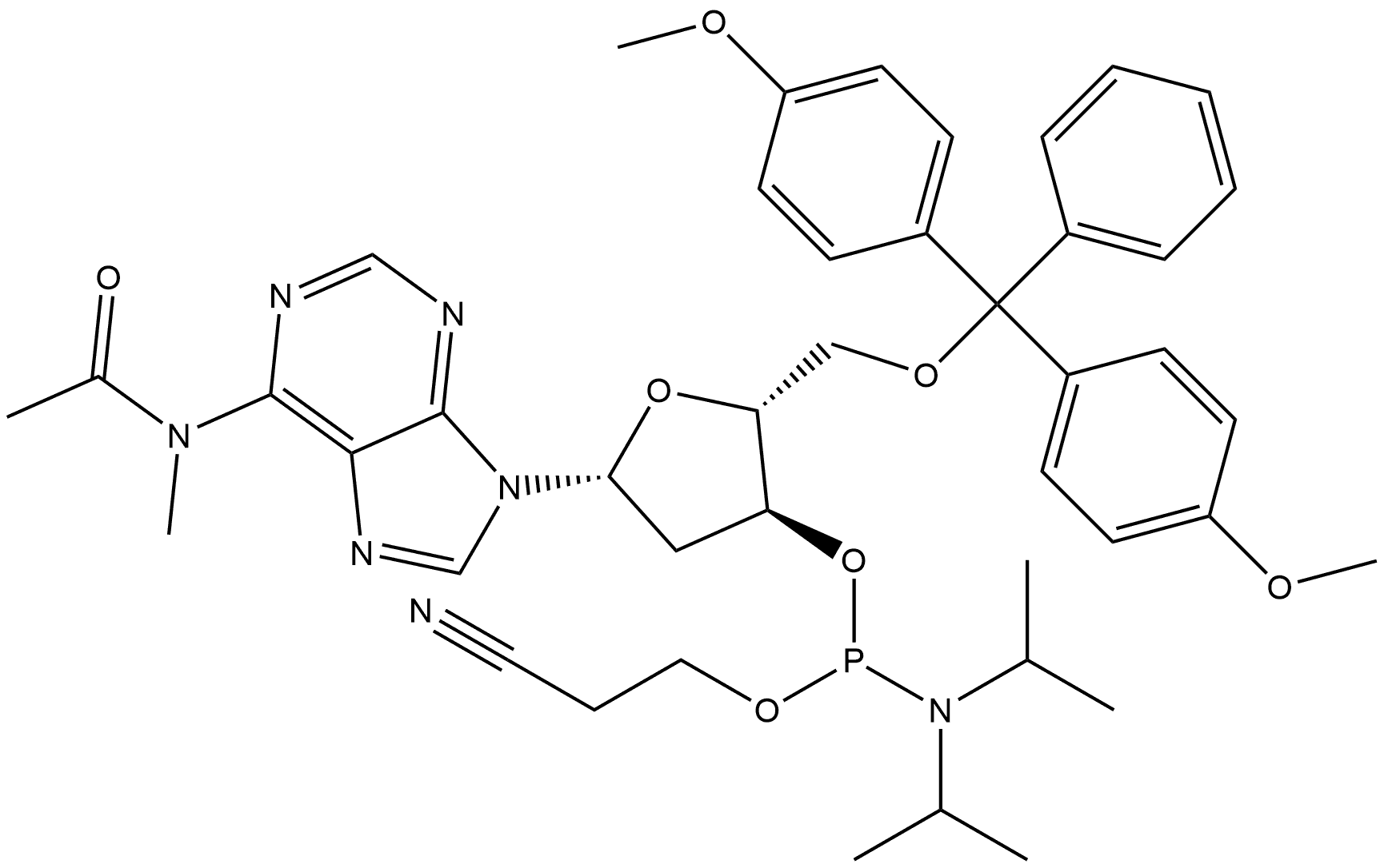 Adenosine, N-acetyl-5'-O-[bis(4-methoxyphenyl)phenylmethyl]-2'-deoxy-N-methyl-, 3'-[2-cyanoethyl N,N-bis(1-methylethyl)phosphoramidite] 구조식 이미지