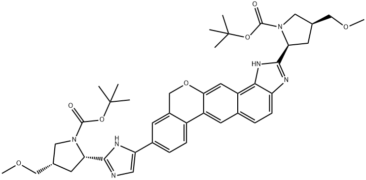 1-Pyrrolidinecarboxylic acid, 2-[5-[2-[(2S,4S)-1-[(1,1-dimethylethoxy)carbonyl]-4-(methoxymethyl)-2-pyrrolidinyl]-1,11-dihydro[2]benzopyrano[4',3':6,7]naphth[1,2-d]imidazol-9-yl]-1H-imidazol-2-yl]-4-(methoxymethyl)-, 1,1-dimethylethyl ester, (2S,4S)- 구조식 이미지