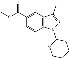1H-?Indazole-?5-?carboxylic acid, 3-?iodo-?1-?(tetrahydro-?2H-?pyran-?2-?yl)?-?, methyl ester Structure