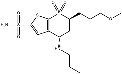 4H-Thieno[2,3-b]thiopyran-2-sulfonamide, 5,6-dihydro-6-(3-methoxypropyl)-4-(propylamino)-, 7,7-dioxide, (4S,6S)- Structure