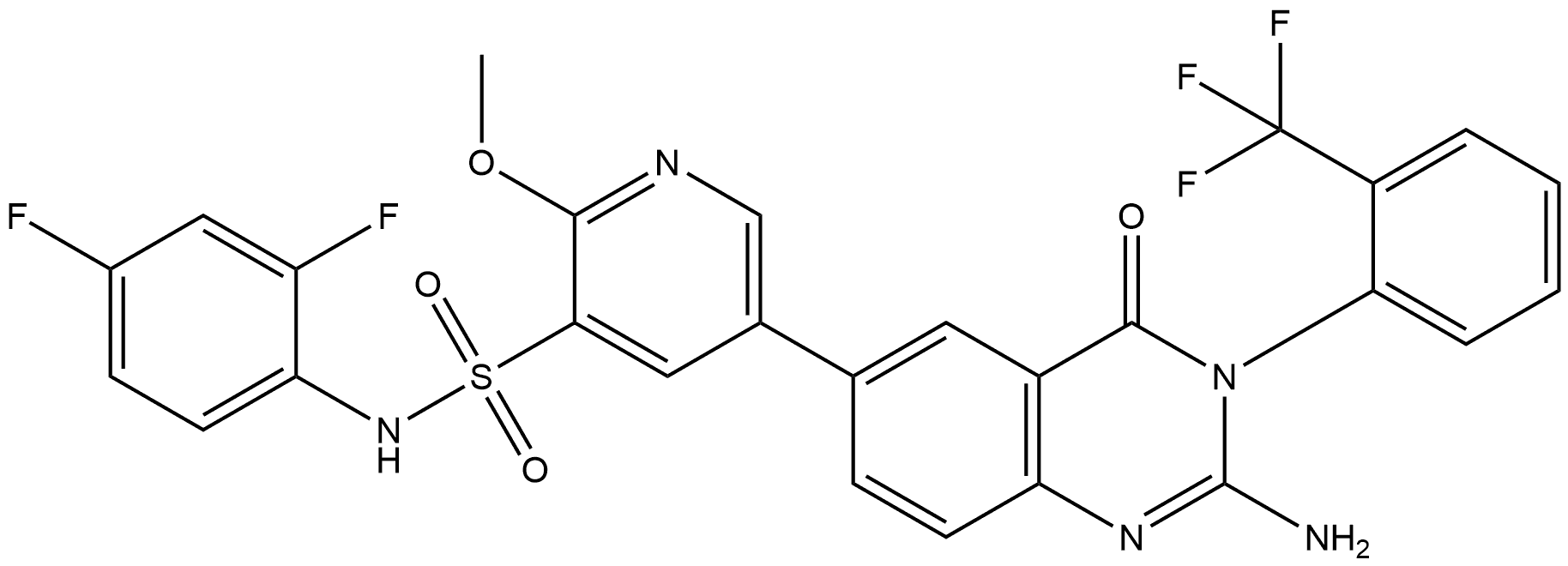 3-?Pyridinesulfonamide, 5-?[(3R)?-?2-?amino-?3,?4-?dihydro-?4-?oxo-?3-?[2-?(trifluoromethyl)?phenyl]?-?6-?quinazolinyl]?-?N-?(2,?4-?difluorophenyl)?-?2-?methoxy- Structure