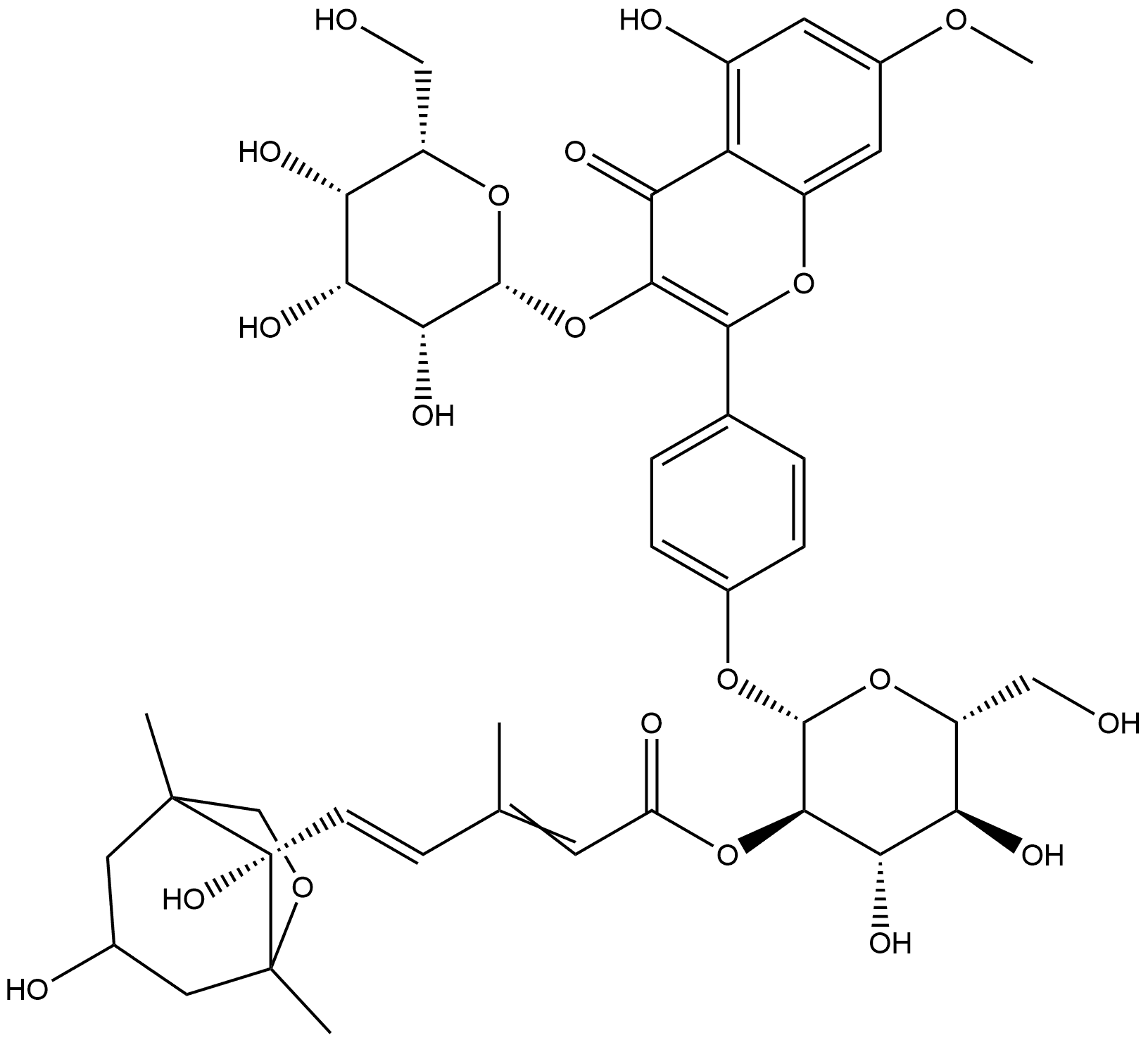 4H-1-Benzopyran-4-one, 2-[4-[[2-O-[5-(3,8-dihydroxy-1,5-dimethyl-6-oxabicyclo[3.2.1]oct-8-yl)-3-methyl-1-oxo-2,4-pentadienyl]-β-D-glucopyranosyl]oxy]phenyl]-3-(β-D-glucopyranosyloxy)-5-hydroxy-7-methoxy-, [1R-[1α,3α,5α,8S*(2Z,4E)]]- (9CI) Structure