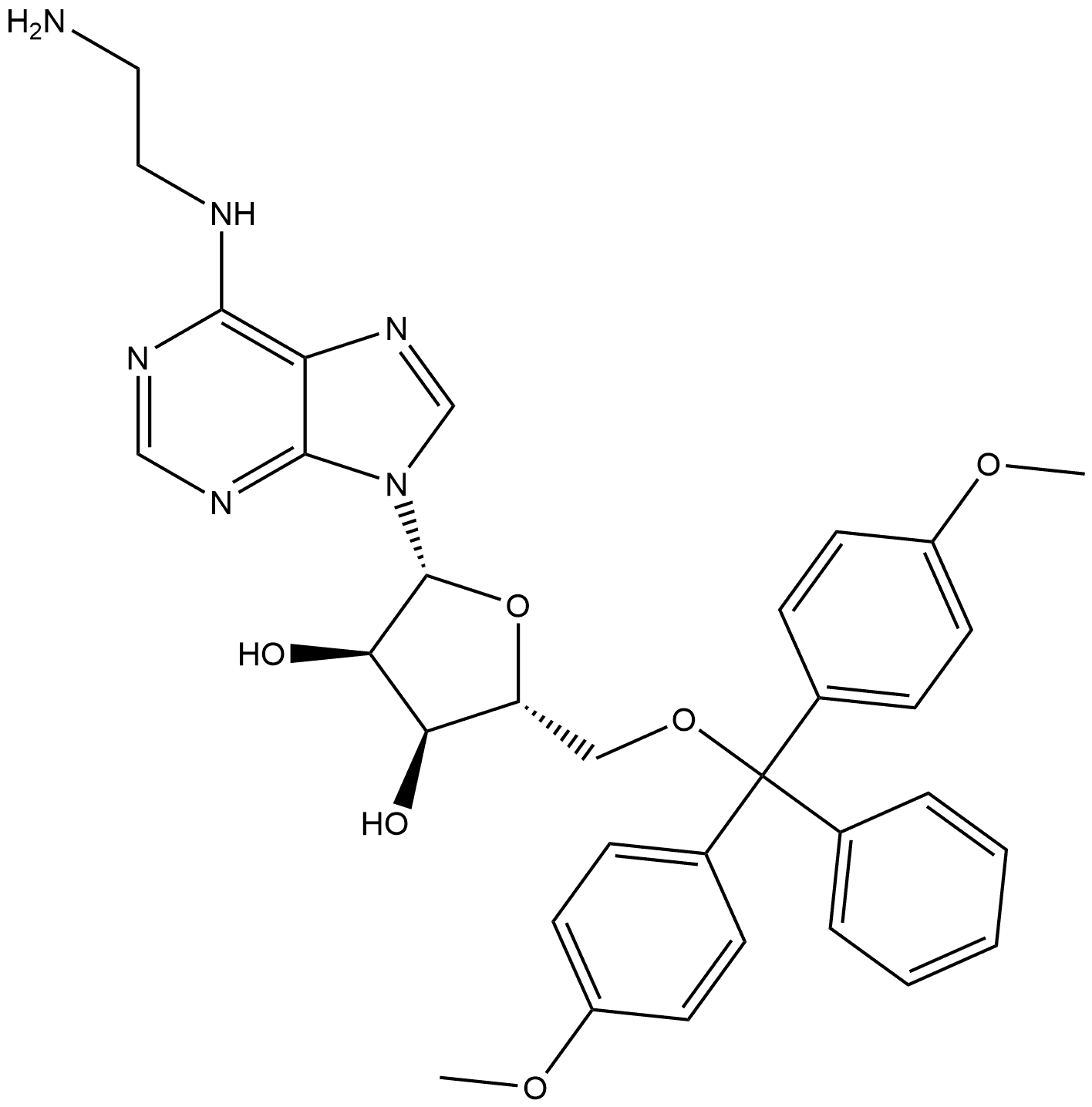 (2R,3R,4S,5R)-2-(6-((2-Aminoethyl)amino)-9H-purin-9-yl)-5-((bis(4-methoxyphenyl)(phenyl)methoxy)methyl)tetrahydrofuran-3,4-diol 구조식 이미지