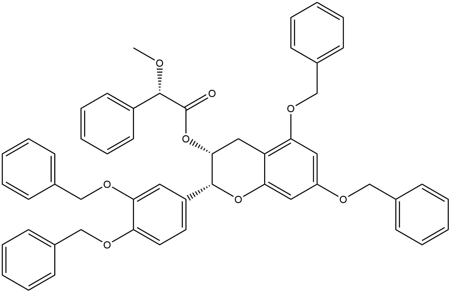 Benzeneacetic acid, α-methoxy-, (2R,3R)-2-[3,4-bis(phenylmethoxy)phenyl]-3,4-dihydro-5,7-bis(phenylmethoxy)-2H-1-benzopyran-3-yl ester, (αS)- Structure