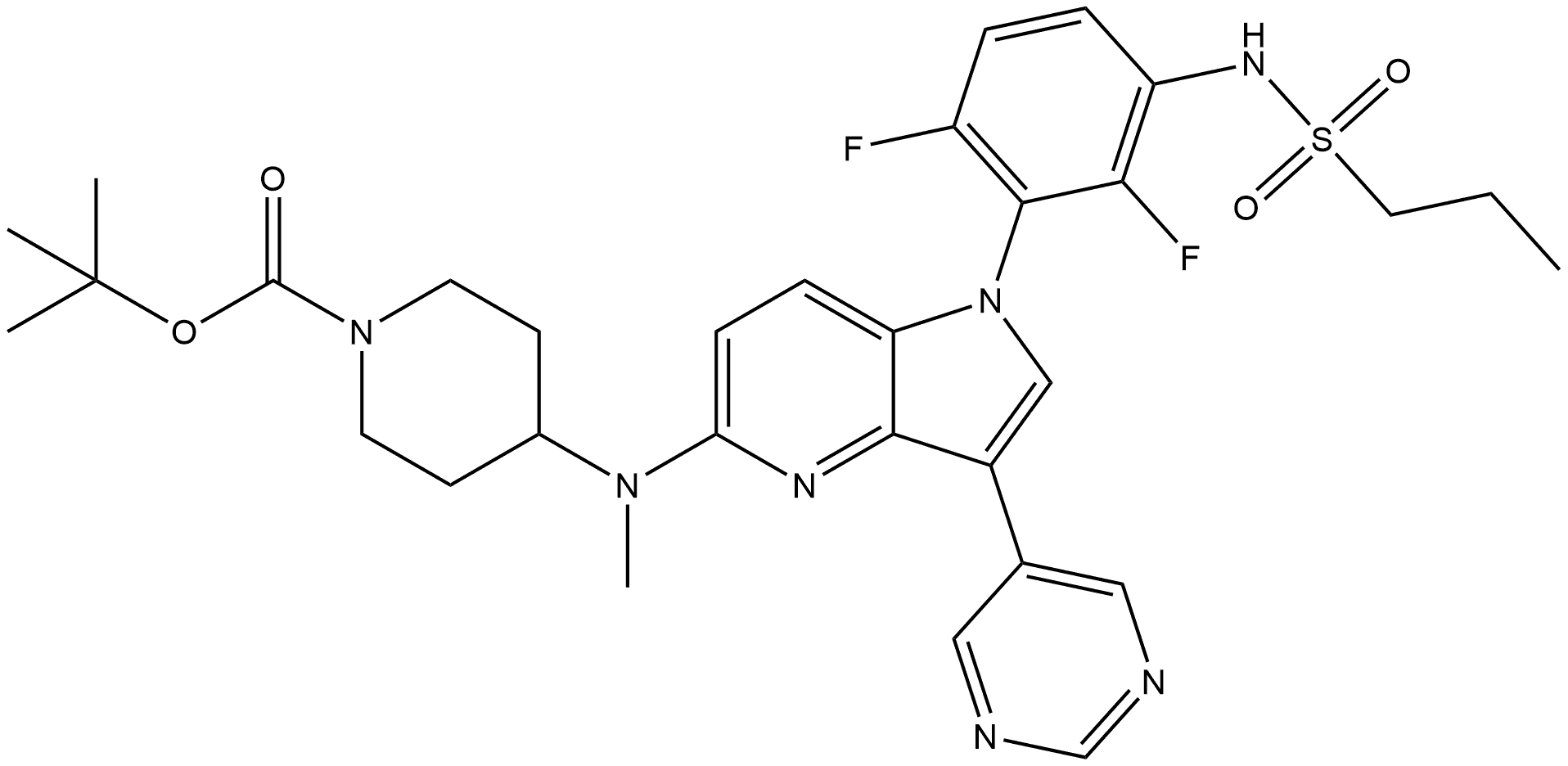 1-Piperidinecarboxylic acid, 4-[[1-[2,6-difluoro-3-[(propylsulfonyl)amino]phenyl]-3-(5-pyrimidinyl)-1H-pyrrolo[3,2-b]pyridin-5-yl]methylamino]-, 1,1-dimethylethyl ester Structure