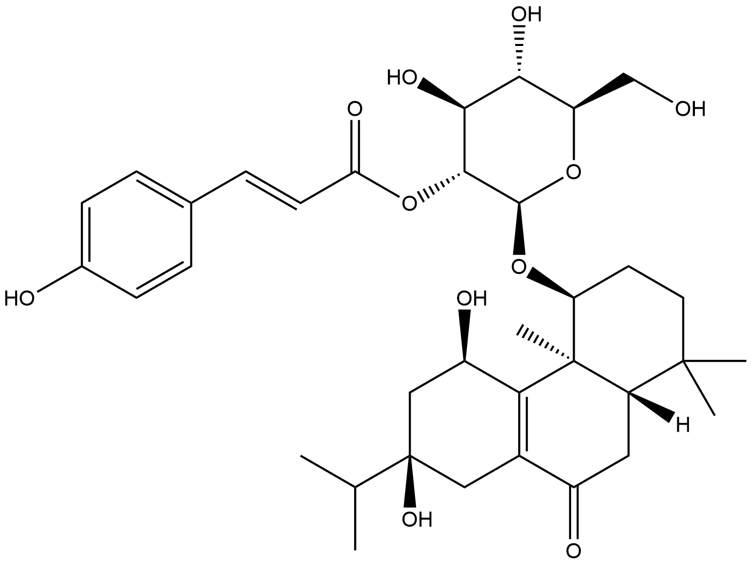 9(1H)-Phenanthrenone, 2,3,4,4a,5,6,7,8,10,10a-decahydro-5,7-dihydroxy-4-[[2-O-[(2E)-3-(4-hydroxyphenyl)-1-oxo-2-propen-1-yl]-β-D-glucopyranosyl]oxy]-1,1,4a-trimethyl-7-(1-methylethyl)-, (4S,4aS,5R,7R,10aS)- Structure